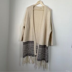 Anthropologie Moth Cream Wool Blend Fringe Hem Open Front Cardigan Boho Festival